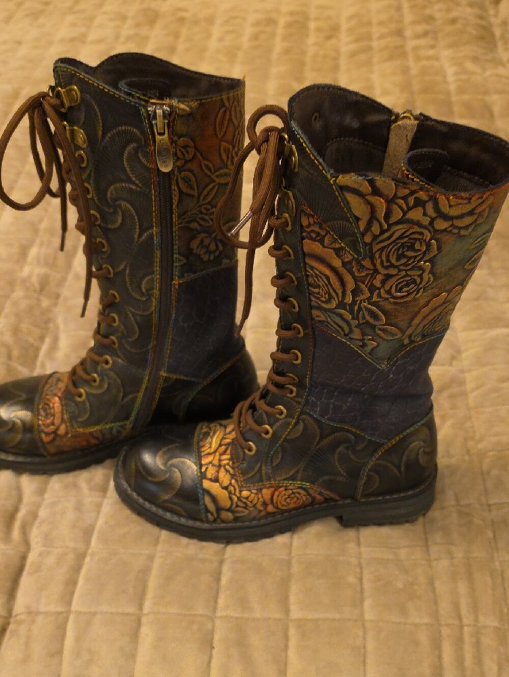 L'ATISTE Lace-Up Leather Boots with Brown Floral Panels
